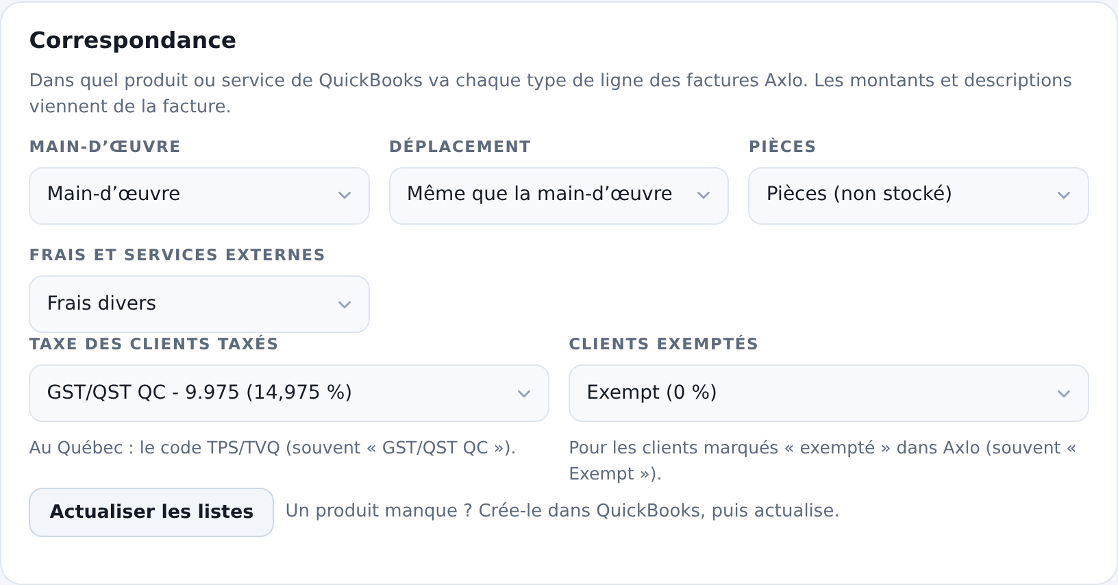 Réglages QuickBooks Online dans Axlo : correspondance des produits et des taxes
