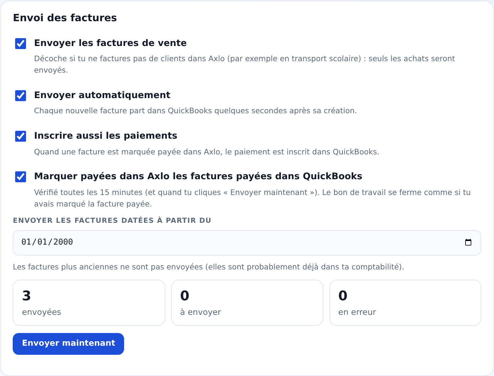 Réglages QuickBooks Online dans Axlo : envoi automatique des factures et des paiements